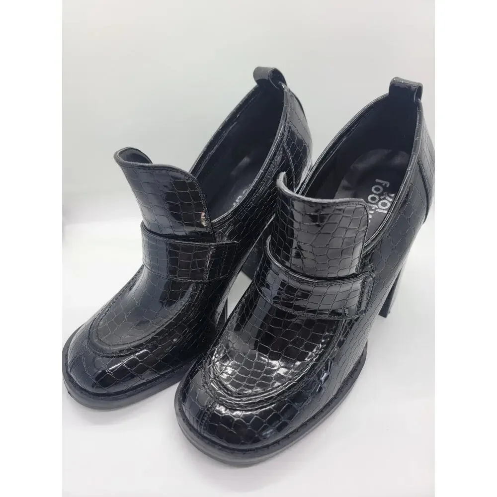 Koi Footwear Black Vegan Chunky Heel Slip-On Shoes UK 4 Snake Print Square Toe🖤